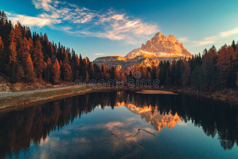 Aerial view of Lago Antorno, Dolomites, Lake mountain landscape with Alps peak , Misurina, Cortina d`Ampezzo, Italy