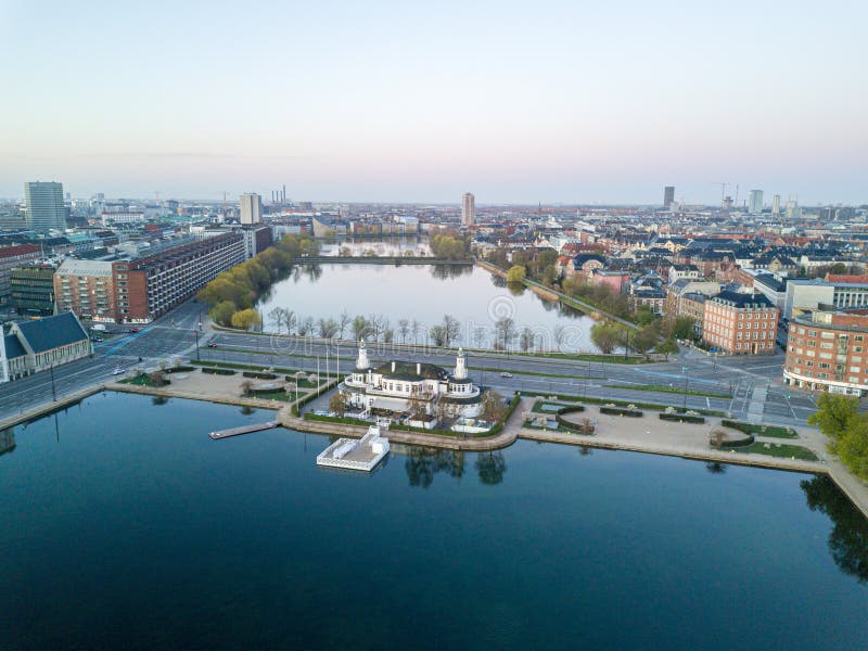 Copenhagen, Denmark - April 17, 2020: Aerial drone view of the historic Lake Pavilion. Copenhagen, Denmark - April 17, 2020: Aerial drone view of the historic Lake Pavilion.