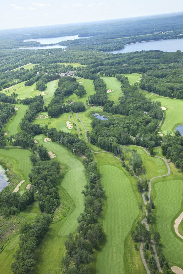 Aerial view of lakes area golf course showing several holes stock image