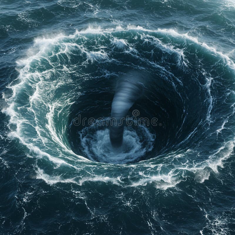 Aerial view of a large oceanic whirlpool, creating a vortex effect at the water\'s surface stock illustration