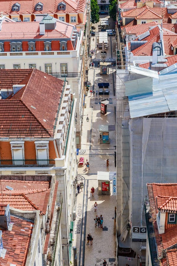 Aerial view of Lisbon downtown and Santa Justa Street to Sao Jorge Castle hill from panoramic platform of Elevador de Santa Justa