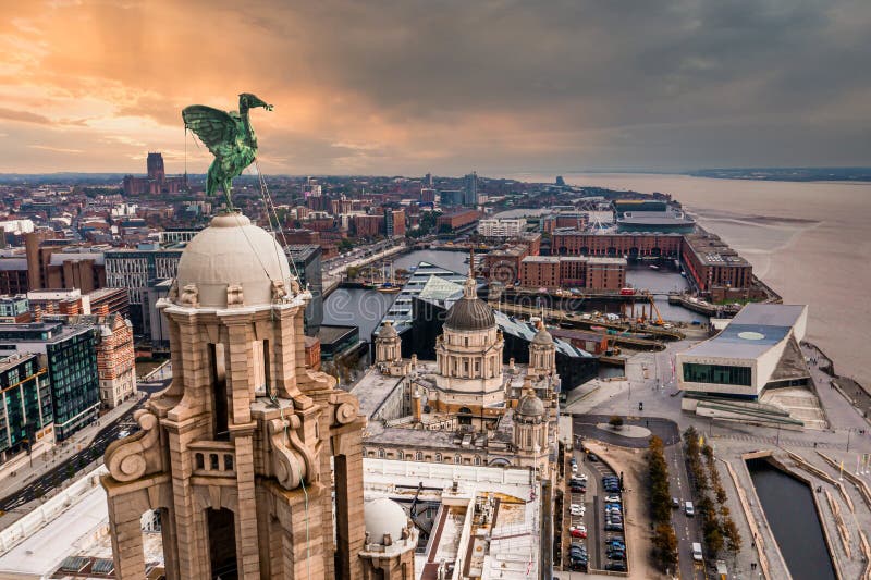 Aerial View of the Liver Birds Statue Taken in the Sunrise Stock Photo ...