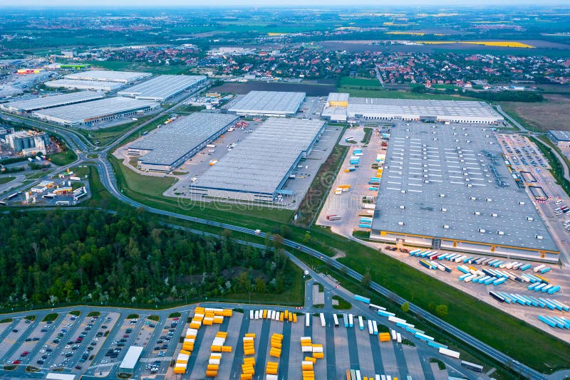 Aerial view of a logistics park with a warehouse. Online store warehouses, logistics sorting warehouse stock photos