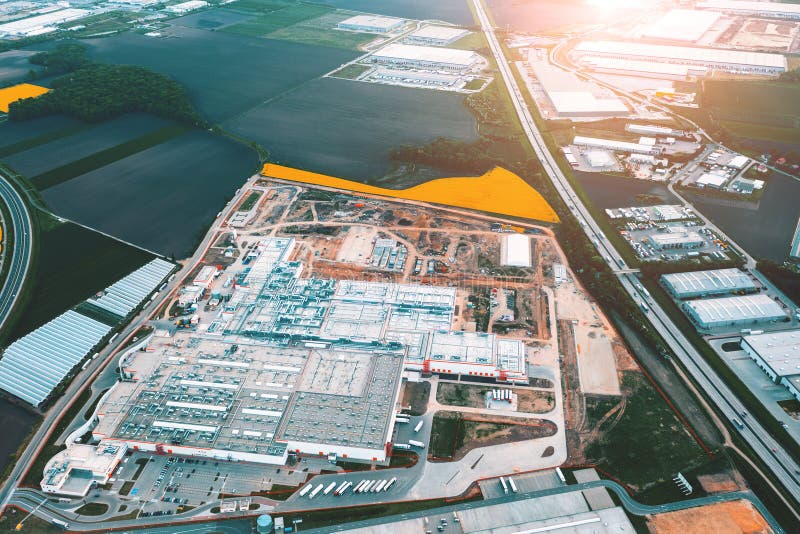 Aerial view of a logistics park with a warehouse. Online store warehouses, logistics sorting warehouse royalty free stock image