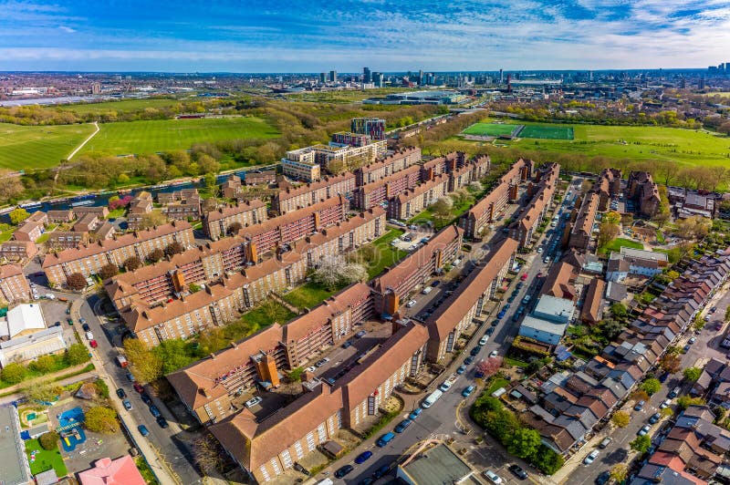 Aerial view of London residential streets, Hackney