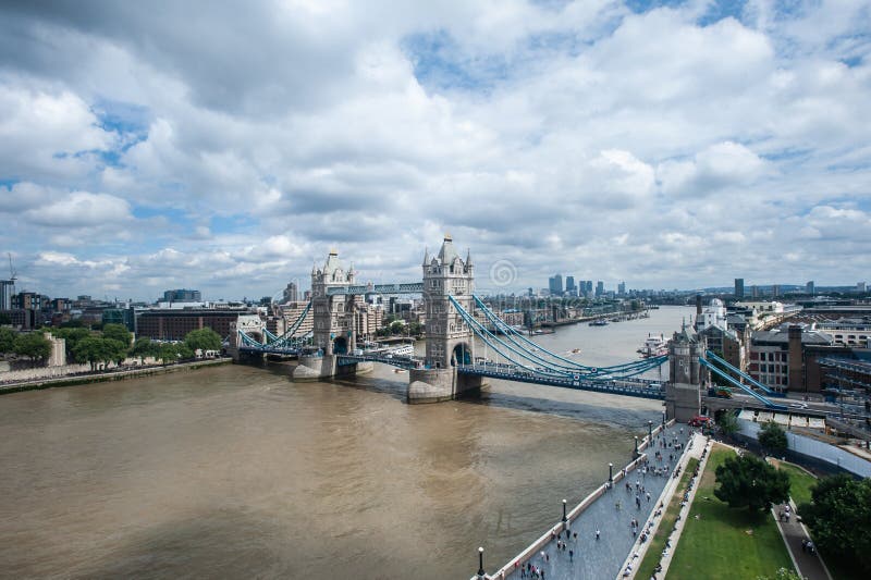 Aerial view of London, UK - Tower Bridge and skyscrapers of Canary Wharf royalty free stock photos Aerial view of London, UK - Tower Bridge and skyscrapers of Canary Wharf royalty free stock photos