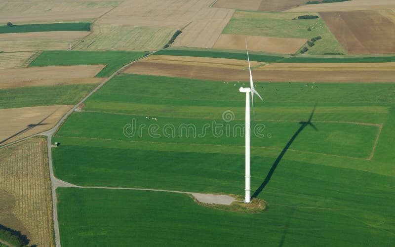 Aerial view of a lonely wind turbine