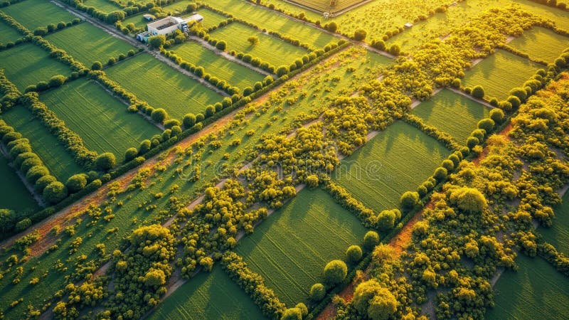 Aerial view of lush green farm fields at sunset with trees and crops royalty free stock photography