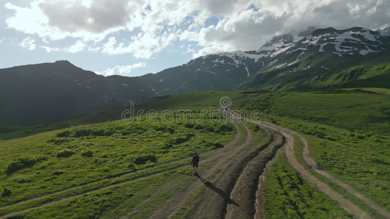 Aerial view of man hiking on alpine meadows among high mountains. Hiker walks on grassy path with snowy peaks in stock footage