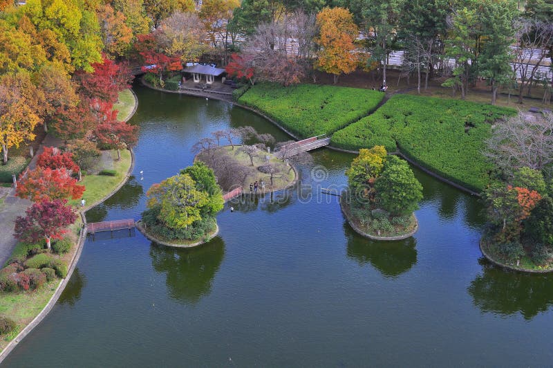 Aerial view of man made island in autumn stock photography