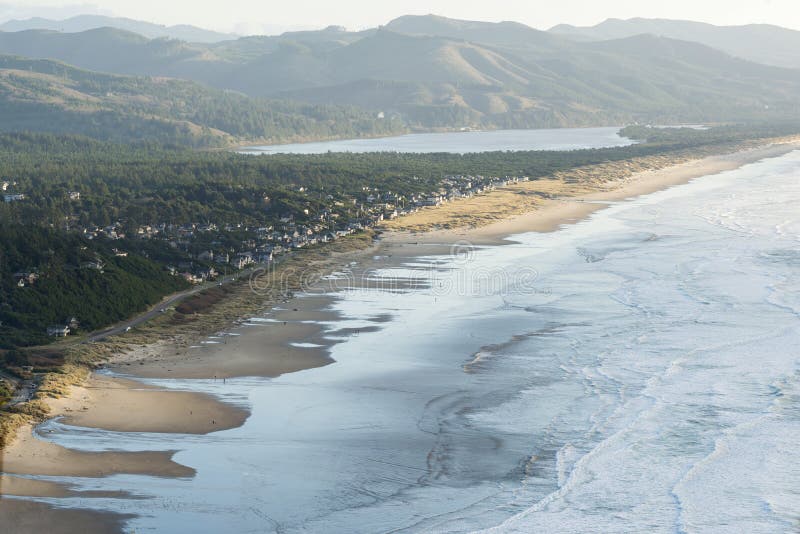 Aerial view of Manzanita, Oregon, Nehalem Bay, and the Pacific Ocean royalty free stock images Aerial view of Manzanita, Oregon, Nehalem Bay, and the Pacific Ocean royalty free stock images