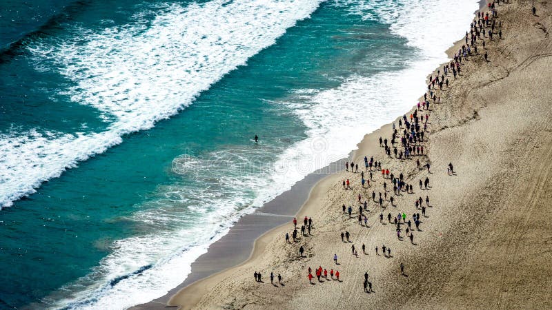 Aerial view of a marathon across the beach. From the top of Mount Maunganui Tauranga, Bay of Plenty. New Zealand.