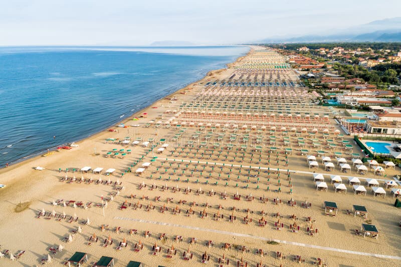 Aerial view of the Marina di Pietrasanta beach in the early morning, Tuscany, Italy