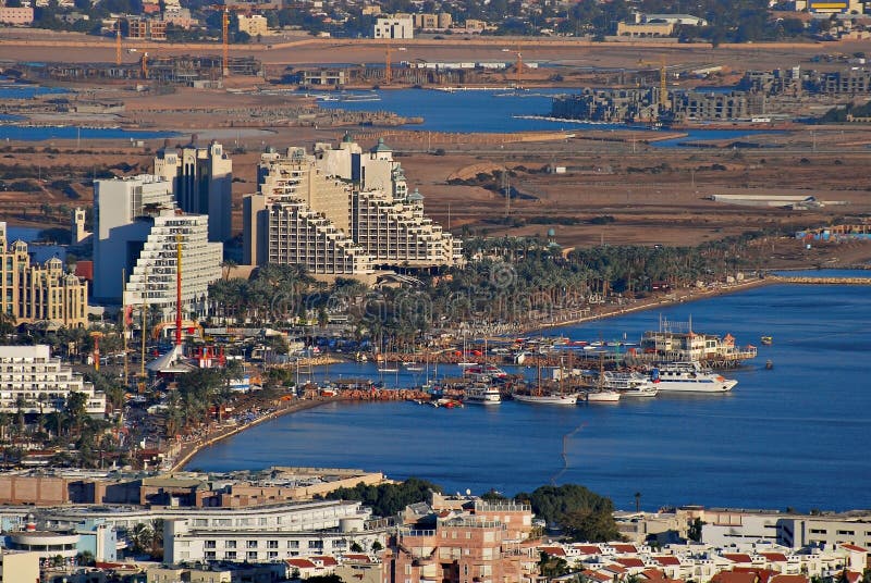 Aerial view on marina in Eilat and lagoon in Aqaba