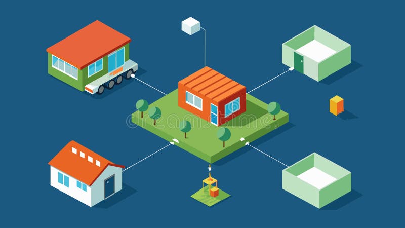An aerial view of a modular home being built highlighting the stepbystep process of each module being p and connected to vector illustration