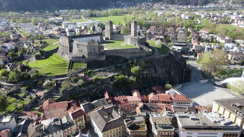 Aerial view of Montebello and Castelgrande castles at Bellinzona on Switzerland