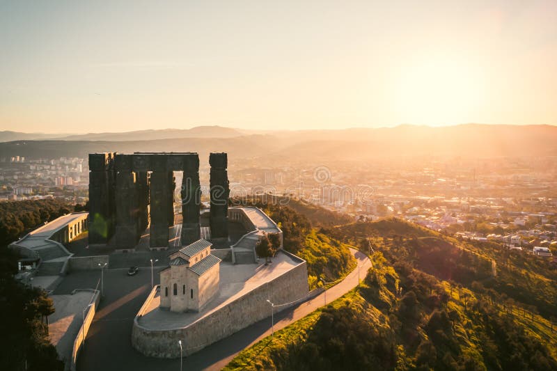 Aerial view Monument known as Chronicle of Georgia or Stonehenge of Georgia, in Tbilisi, Georgia