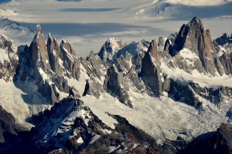aerial view of mountains Fitz Roy, Cerro Torre stock photo