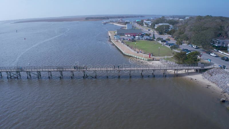 Aerial view moving down the Southport Pier.