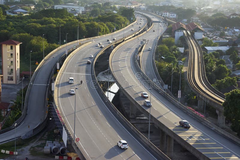 Aerial view of multiple lane highway and traffic stock photography