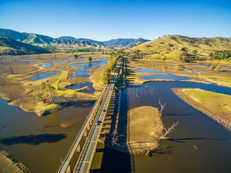 Aerial view of Murray Valley Highway and bridge over Lake Hume