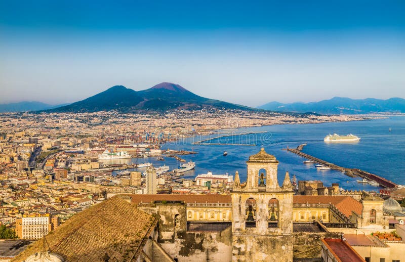 Aerial view of Naples with Mount Vesuvius at sunset, Campania, Italy