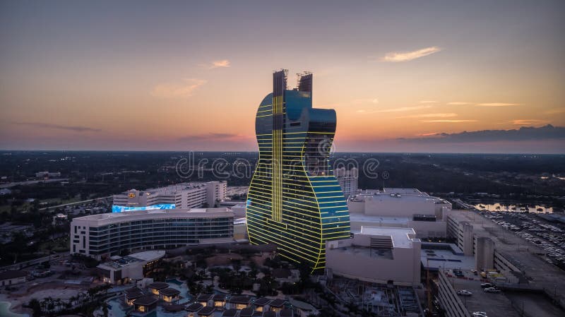 Aerial view on New Hard Rock Casino Hotel, iconic Guitar Hotel with more than 800 luxury guest rooms. Drone View. The Guitar Hotel royalty free stock images