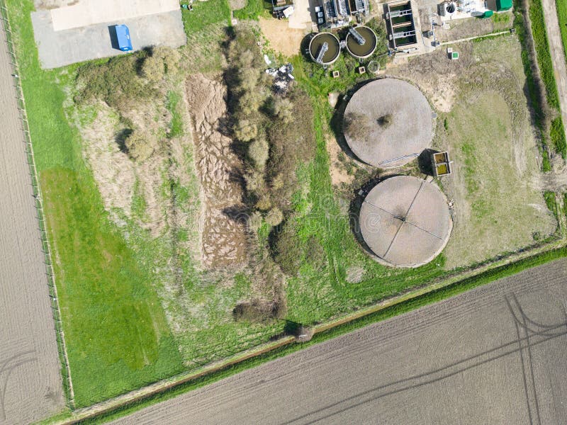 Aerial View of a Newly Extended Sewage Treatment Works. Stock Photo Image of collection, water