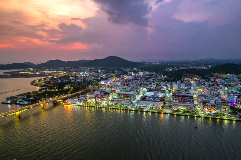 Aerial View of Night Ha Tien Town, Kien Giang, Vietnam Stock Image