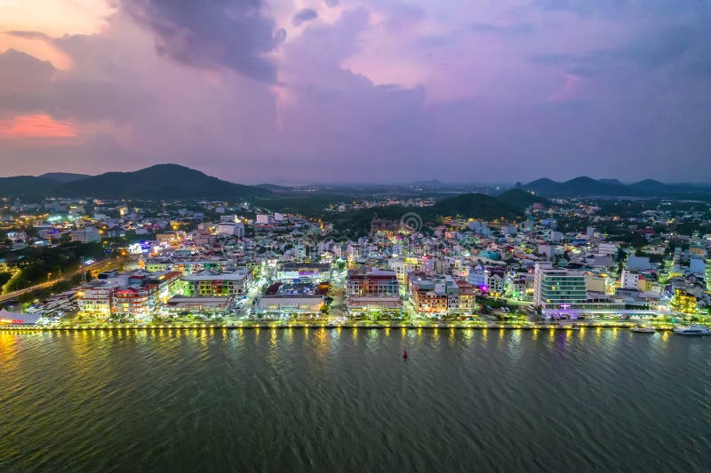 Aerial View of Night Ha Tien Town, Kien Giang, Vietnam Stock Image