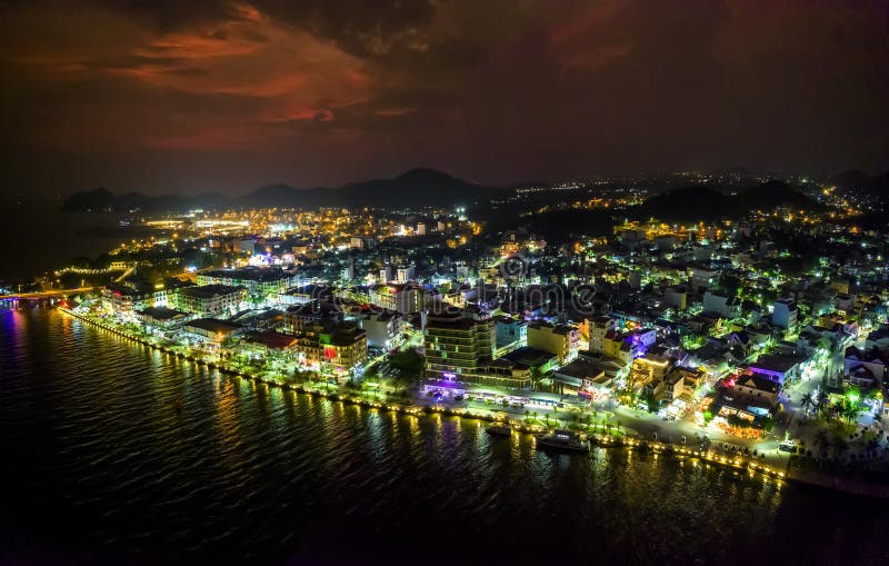 Aerial View of Night Ha Tien Town, Kien Giang, Vietnam Stock Image