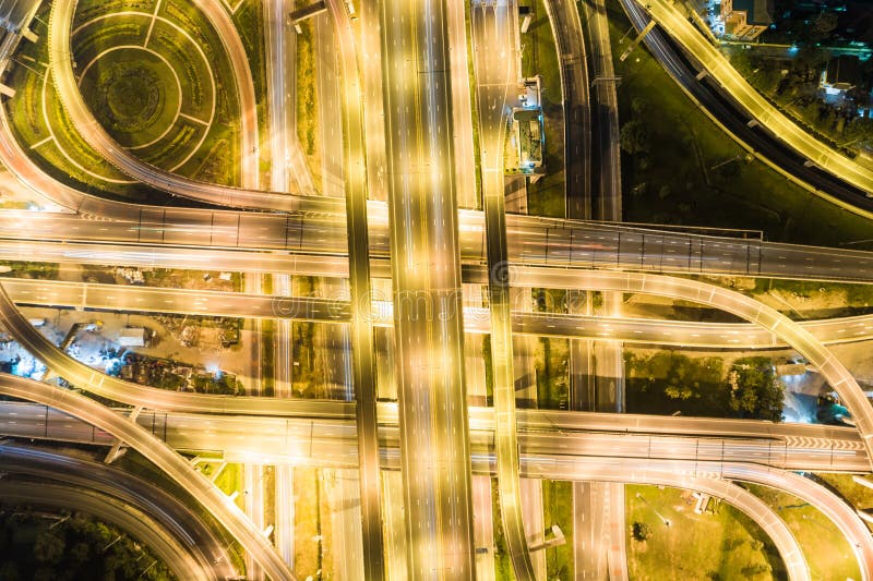 Aerial view night traffic freeway movement transport