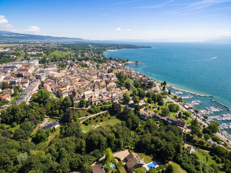 Aerial view of Nyon old city and waterfront in Switzerland royalty free stock photography Aerial view of Nyon old city and waterfront in Switzerland royalty free stock photography