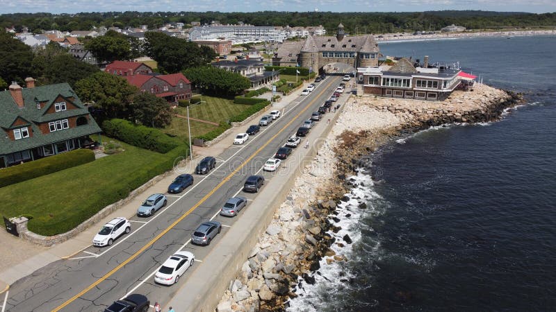 Aerial view of Ocean Road and the Narragansett Towers, Narragansett, Rhode Island. The image was taken in July of 2023.