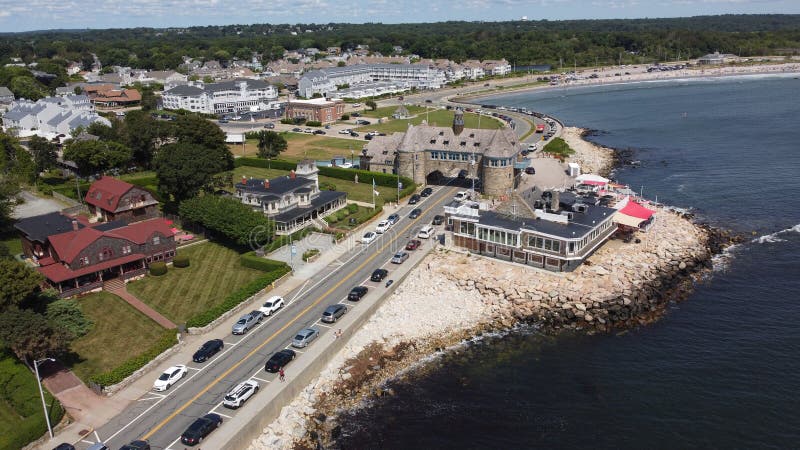 Aerial view of Ocean Road and the Narragansett Towers, Narragansett, Rhode Island. The image was taken in July of 2023.