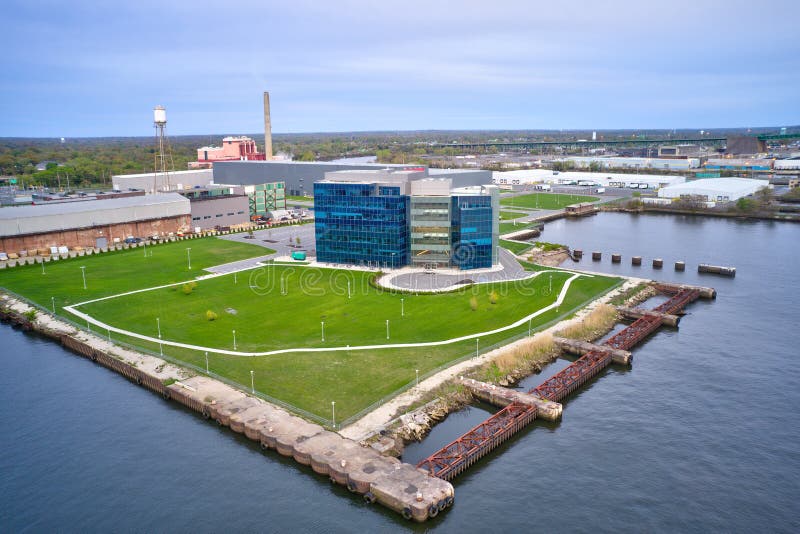 Aerial View of Office Complex on Delaware River in New Jersey Stock