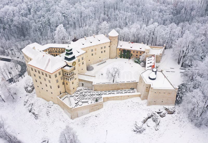 Aerial view oh historic renaissance castle Pieskowa Skala near Krakow in Poland in winter