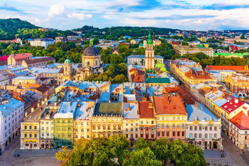 Aerial view of the Old Town of Lviv, Ukraine royalty free stock photos