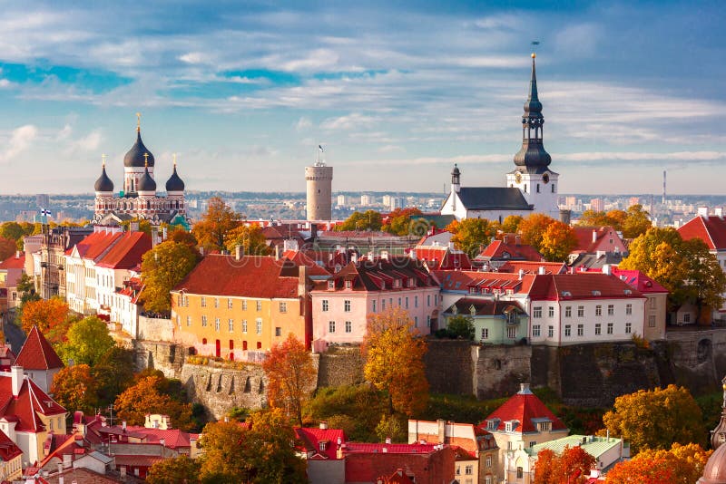 Toompea hill with tower Pikk Hermann, Cathedral Church of Saint Mary Toomkirik and Russian Orthodox Alexander Nevsky Cathedral, view from the tower of St. Olaf church, Tallinn, Estonia. Toompea hill with tower Pikk Hermann, Cathedral Church of Saint Mary Toomkirik and Russian Orthodox Alexander Nevsky Cathedral, view from the tower of St. Olaf church, Tallinn, Estonia