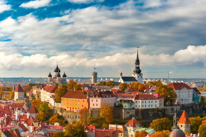 Toompea hill with tower Pikk Hermann, Cathedral Church of Saint Mary Toomkirik and Russian Orthodox Alexander Nevsky Cathedral, view from the tower of St. Olaf church, Tallinn, Estonia. Toompea hill with tower Pikk Hermann, Cathedral Church of Saint Mary Toomkirik and Russian Orthodox Alexander Nevsky Cathedral, view from the tower of St. Olaf church, Tallinn, Estonia