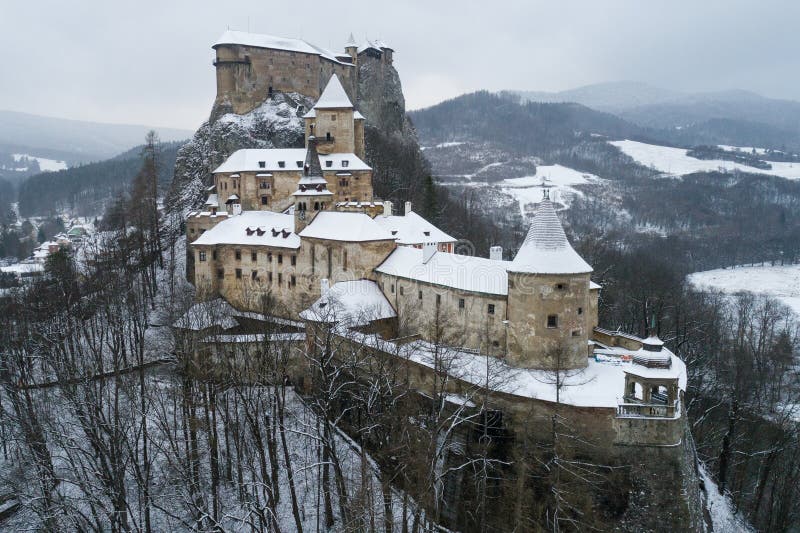 Aerial view of Orava Castle in winter, Slovakia