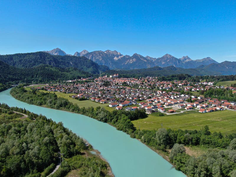 Aerial view over the city of Fuessen in Bavaria, Germany