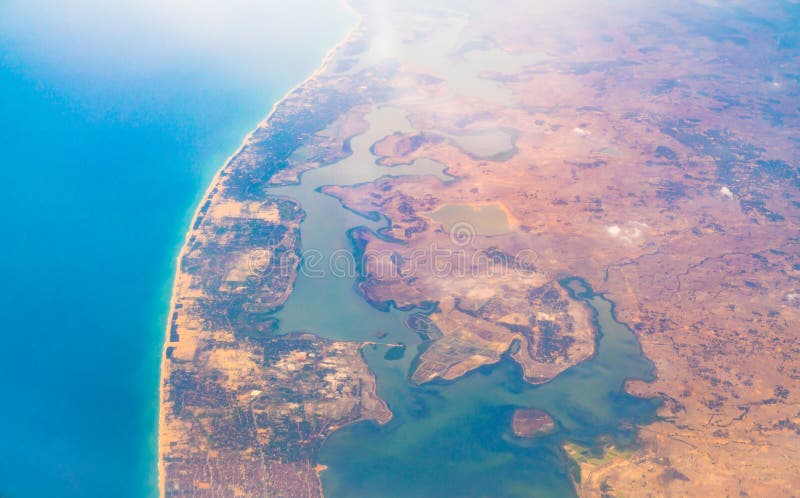 Aerial view over Earth Sea and Coast ,View from the airplane .