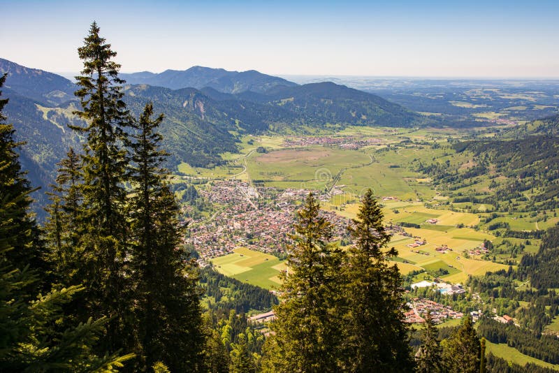 Aerial view over the village of Oberammergau in the bavarian alps.
