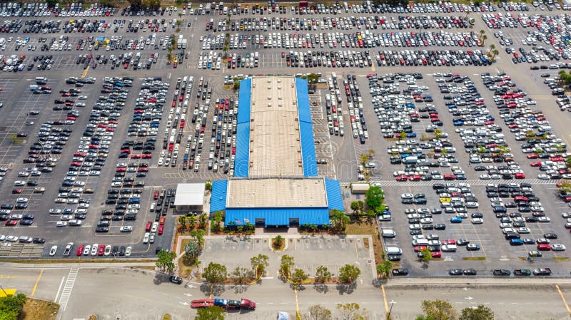 Aerial view on parking lot of Manheim Auto auction at weekend. Auto Auction for buying and selling used vehicles royalty free stock photos
