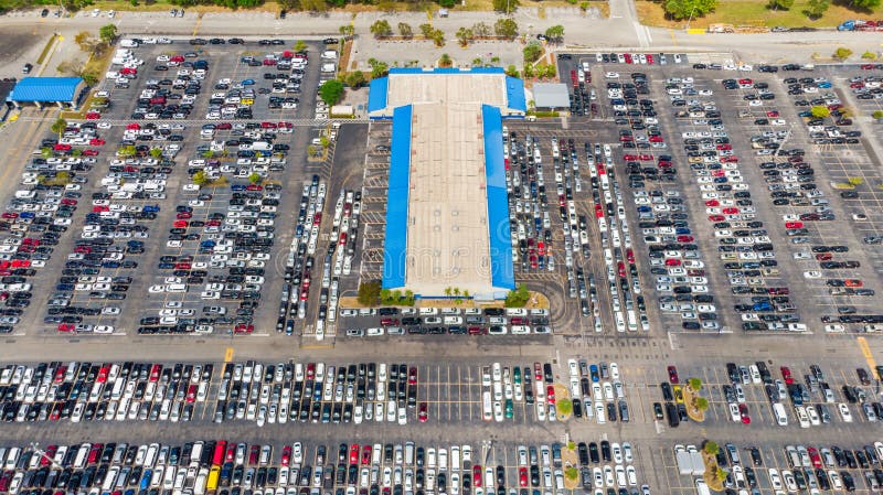 Aerial view on parking lot of Manheim Auto auction at weekend. Auto Auction for buying and selling used vehicles stock photography