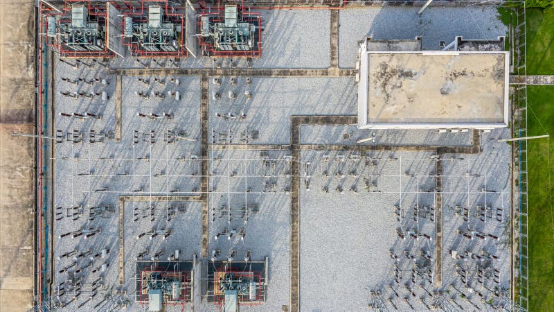Aerial view part of electric station engineering construction on a electric power plant royalty free stock photo