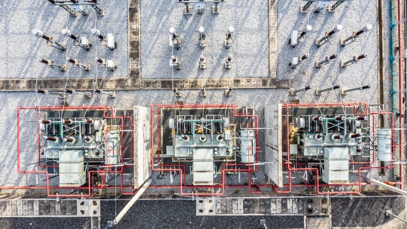 Aerial view part of electric station engineering construction on a electric power plant royalty free stock photography