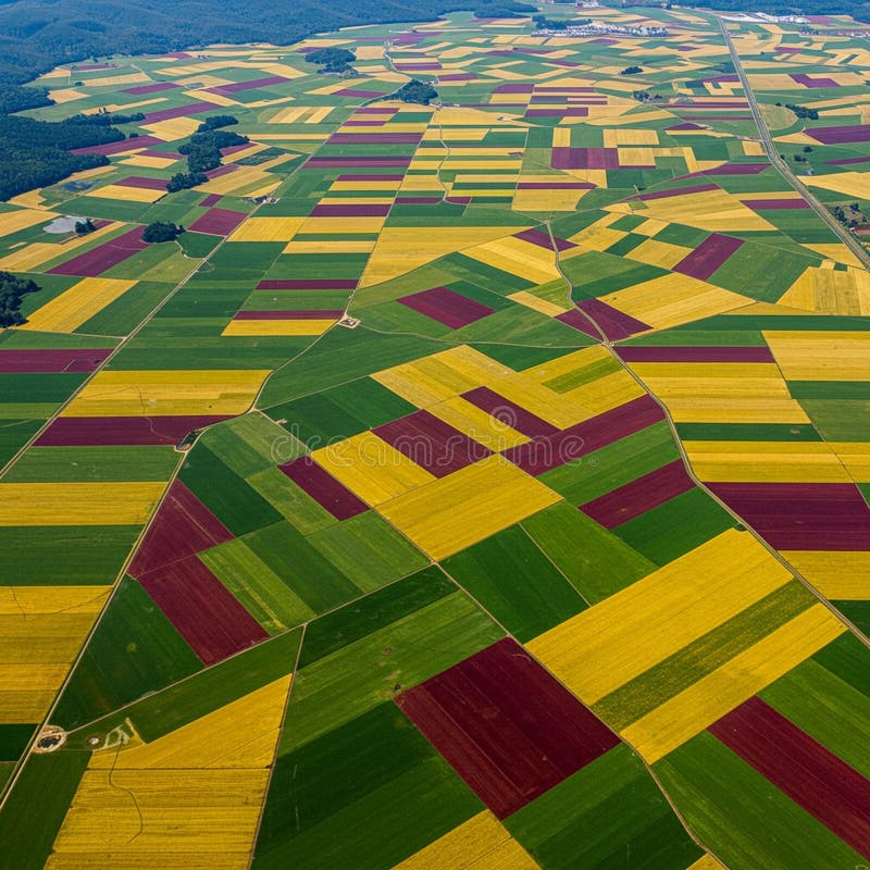 Aerial view of patchwork farmland features rectangular fields in green, yellow, and royalty free illustration