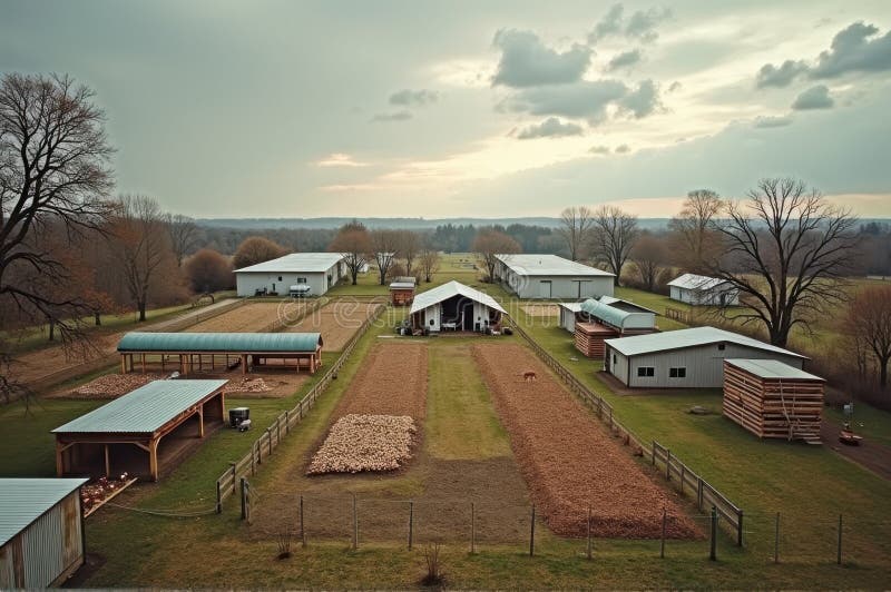 Aerial view of peaceful farmstead with barns and fields at sunset stock image